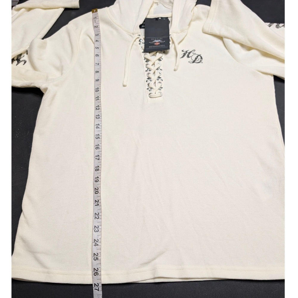 Harley-Davidson Cream Skull Rhinestone Waffle Knit Lace Up Henley Hoodie NWT 2XL - Picture 6 of 10